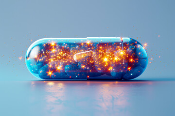 Blue and White Pill with Glowing Orange Particles in Flat Illustration Style on Light Blue Background
