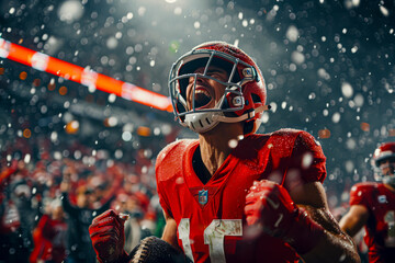 Excited American football player celebrates victory with abandoned ball in packed Superbowl stadium, wearing red uniform.