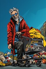 An elderly homeless man is seen pushing a shopping cart filled with garbage on the street. He appears to be navigating through the urban environment, collecting discarded items along the way