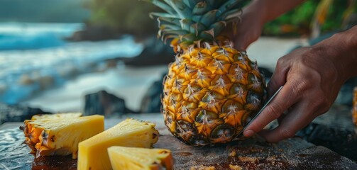 Tropical island with hands slicing a fresh pineapple on the beach.