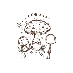 Mushrooms mystical magical graphics hand drawn moon stars tarot intuition fly agarics toadstools poisons set background stickers coloring