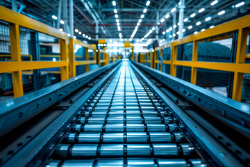 Fototapeta premium Automated assembly line at car manufacturing facility with conveyor system.