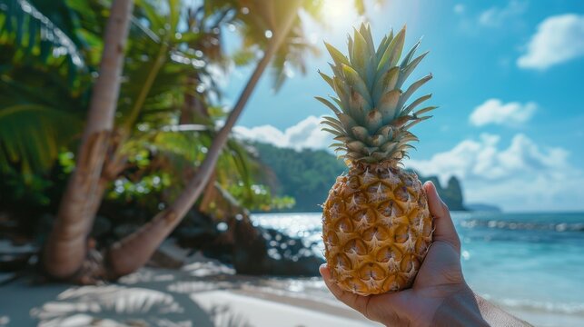 Tropical island with hands slicing a fresh pineapple on the beach.