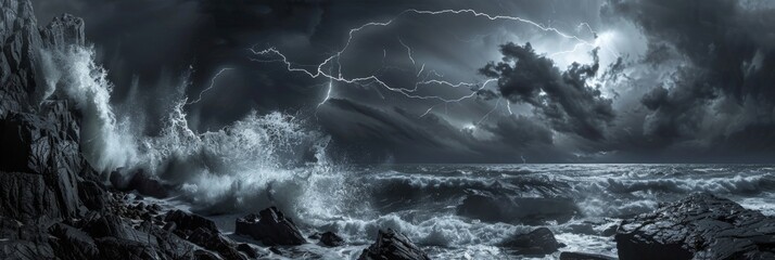 Intense storm, crashing waves, ominous sky, lightning flashes, Generative AI - obrazy, fototapety, plakaty