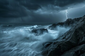Intense storm, crashing waves, ominous sky, lightning flashes, Generative AI