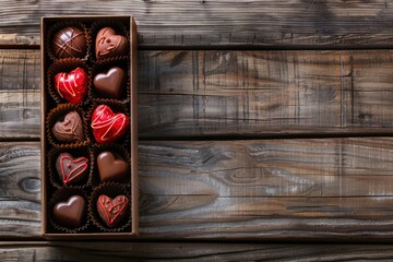 Presentation of assortment of chocolates in box with red heart-shaped cutouts on rustic wooden table. Elevated view. - Powered by Adobe