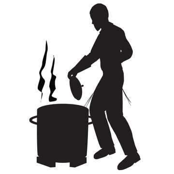 Black silhouette. A Orthodox Religious Jewish man dips the lid of a pot into boiling water as part of preparing the dishes for Passover. vector.