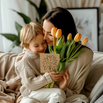 Photo of baby giving oreng flowers to mom, mother's day, mom and baby smiling