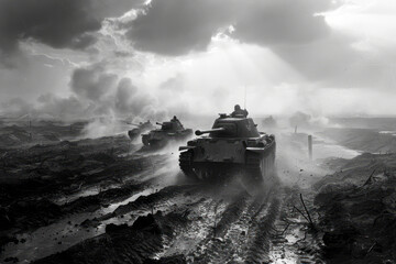 Marching Towards Victory: A WWII-inspired Black and White Image of Tanks and Artillery Advancing West on the Battlefield