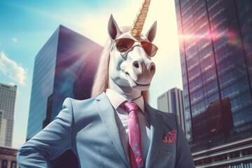 cool business unicorn with sunglasses on city background illustration