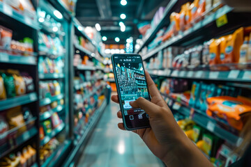 Smart Shopping: Navigating Store Aisles with Your Smartphone to Research Products and Prices - obrazy, fototapety, plakaty