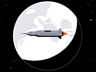 Spaceship flies on the background of the moon. Spacecraft launched in outer space. Rocket in universe travel. Shuttle flying black cosmos, discovers galaxies, explores stars. Flat vector illustration © Paper Trident