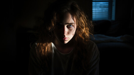 Face of young woman partially in shadow, with gaze internal conflict of person with bipolar disorder. Seeking understanding, societal stigma in mental illness, represented by shadow on face.