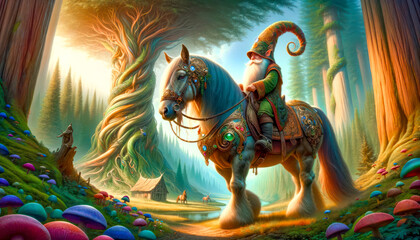 gnome and horse, riding in a fantasy world