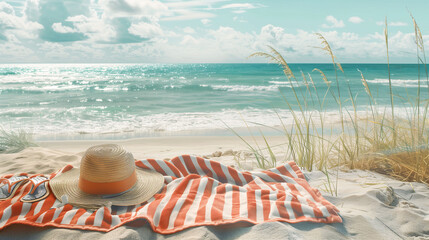 A beach towel with a hat in the foreground of a beautiful summer view with sand, sea and sky. Summer and vacation concept, for banner, web or advertisement. - obrazy, fototapety, plakaty