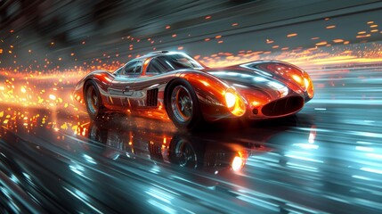 A modern sports car drives quickly through an abstract light.