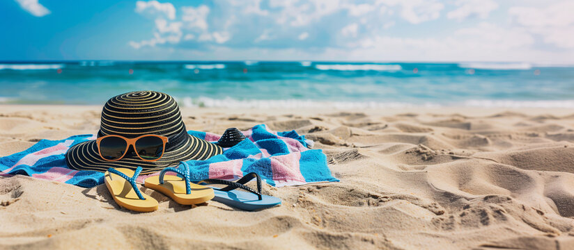 A beach towel with a hat, flip flops and sunglasses in the foreground of a beautiful summer view with sand, sea and sky. Summer and vacation concept, for banner, web or advertisement.
