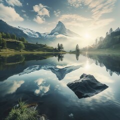 Serene lake with majestic mountain reflection at sunrise.