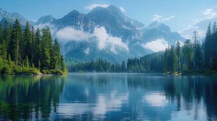 Serene mountain lake with reflection and mist, surrounded by forest. a beautiful lake with moutain.