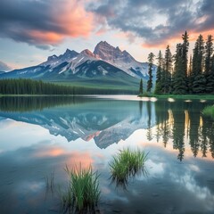Serene mountain lake at sunset with vibrant sky reflection and tranquil waters, surrounded by evergreens.