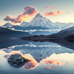 Serene mountain reflection in a lake at sunrise with vibrant clouds. Mountain in morning light reflected in calm waters of lake.