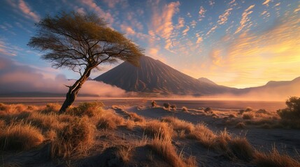 Serenity at sunrise with a lone tree and majestic mountain backdrop, featuring warm light and a tranquil landscape.