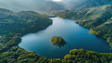 Aerial view of a serene lake with lush greenery and mountains in the background.