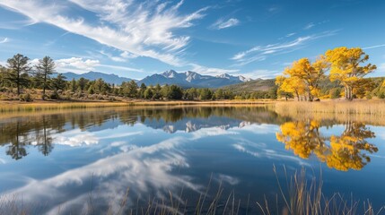 Tranquil autumn landscape with a reflective lake, golden foliage on trees, and a mountain backdrop under a clear blue sky.