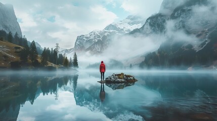 Person in orange jacket standing on cliff overlooking misty mountain lake in autumn.