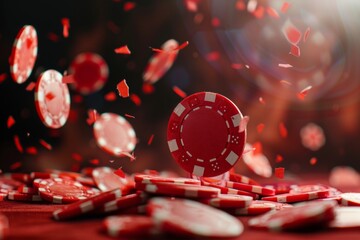 Red casino betting chips falling on felt mat and dark isolated background. Front view.