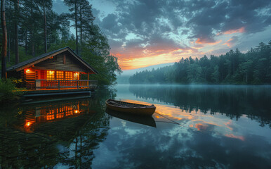 Boathouse on the lake at sunset - obrazy, fototapety, plakaty