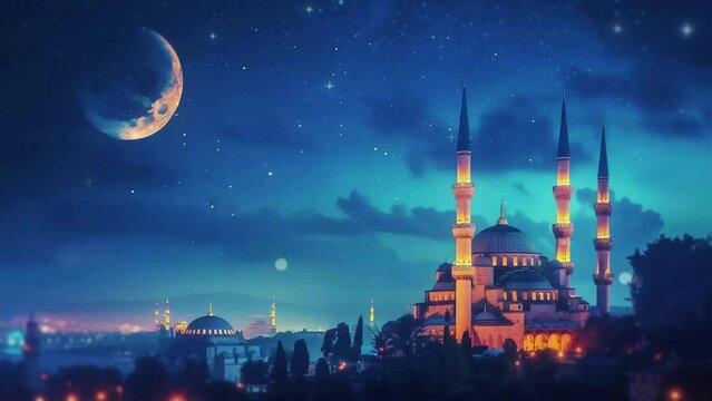 Beautiful landscape mosque at night with crescent moon and starry sky, ramadhan kareem. Time-lapse 4k video loop