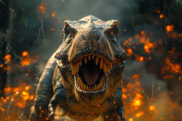 Tyrannosaurus rex dinosaur is roaring amid forest fire