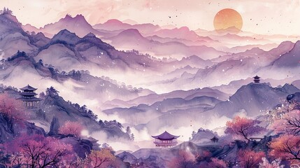 Minimal Landscape Pink and Purple panoramic scenery vector illustration.