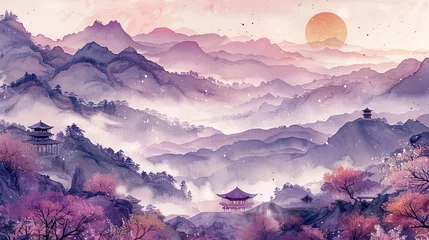Papier Peint photo autocollant Lavende Minimal Landscape Pink and Purple panoramic scenery vector illustration.