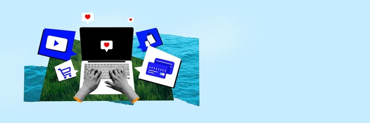 Human hands using laptop for work, education, shopping and leisure against sea background. Contemporary art collage. Concept of digitalization, business, addition, modern lifestyle. Banner