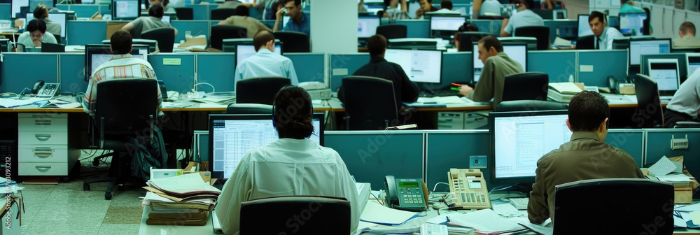 Poster several individuals are busy working on computers in a modern office space