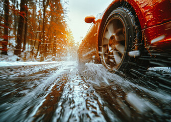 Red car driving on snowy road with motion blur to show speed