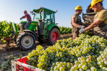 Farm labourers with tractor filled with crates of green grapes during harvest time for...