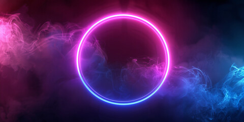 Glowing neon ring circle on a dark background with clouds or smoke. Decorative horizontal banner. Digital artwork raster bitmap illustration. Purple, pink and blue colors. 