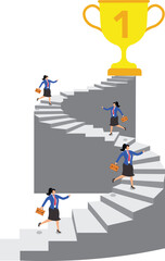 Motivated by the drive for success, the quest for success, achievement, benefits and rewards, the business competition, isometric four businesswomen climb the stairs to reach the huge trophies