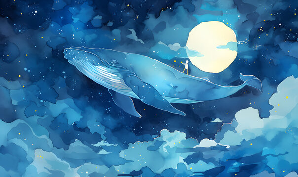 Whale floating on night sky watercolor art , Generative AI 