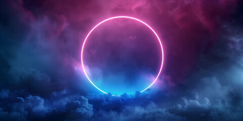 Glowing neon ring circle on a dark background with clouds or smoke. Decorative horizontal banner. Digital artwork raster bitmap illustration. Purple, pink and blue colors. 