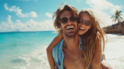 a man is carrying a woman on his back on the beach