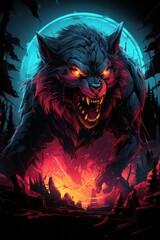 A powerful wolf with glowing eyes and sharp fangs standing boldly in front of a full moon, exuding a sense of strength and ferocity