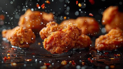 Fried popcorn chicken falling in the air.