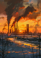 Obraz premium Surreal winter landscape with smoking petrochemical plant.