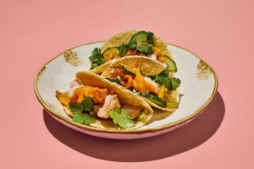 Gluten-free tacos with sweet potato mousse and turkey on a vintage plate with pink background