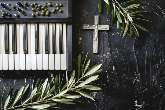Religious music with piano and choirs on a black table decorated with olive branches and a Christian cross for the holiday of Palm Sunday. Top view.
