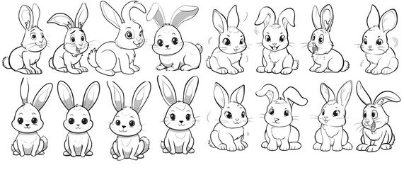set of cute cartoon rabbits in black and white vector line art style